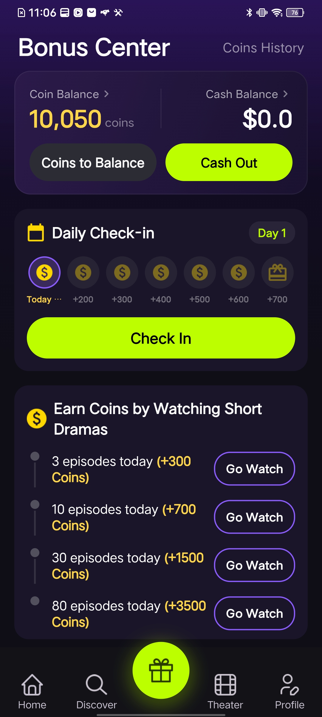 DramaSpark Bonus Center with daily check-in and viewing tasks