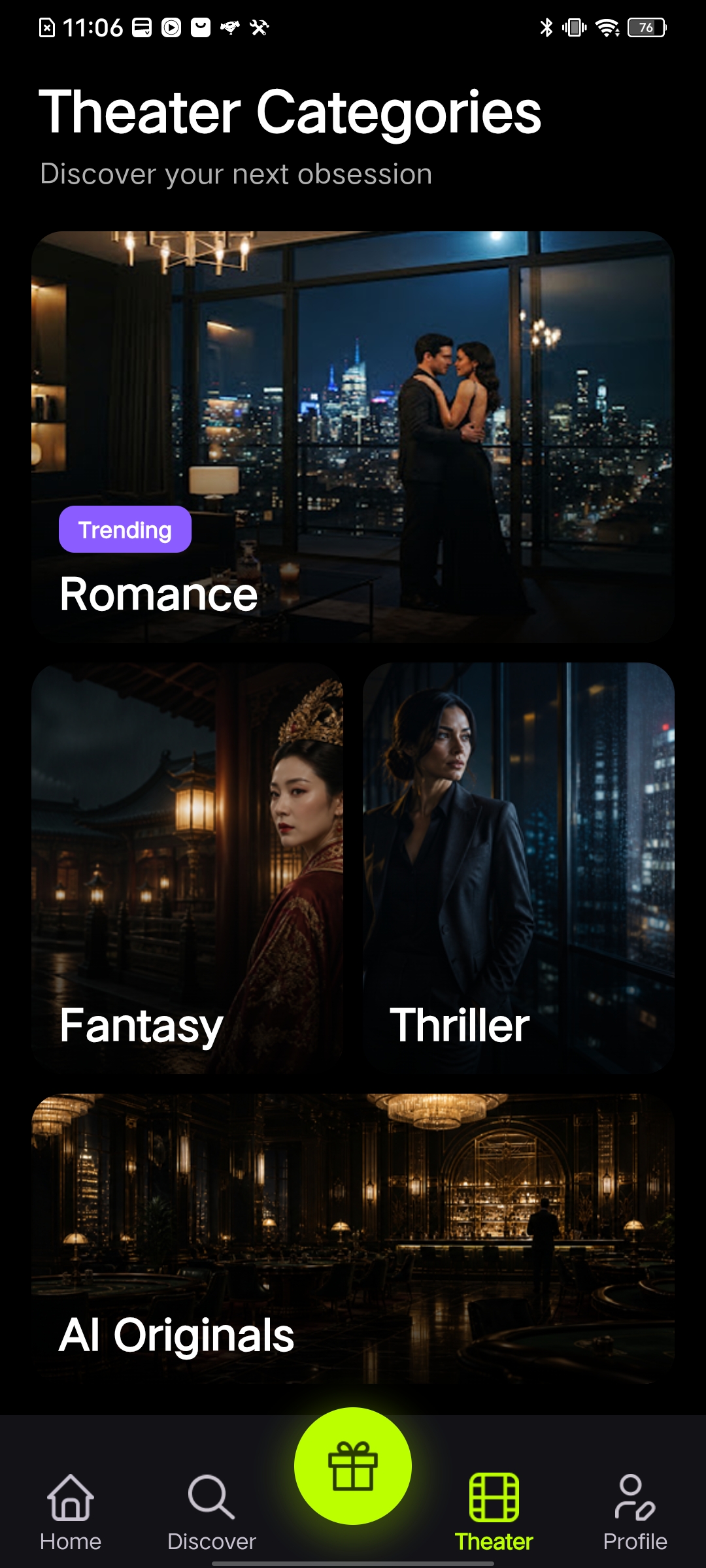 DramaSpark Theater Categories screen showing romance, fantasy and thriller stories